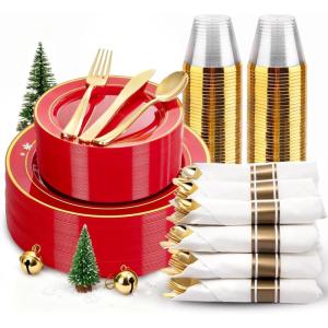 image175 Pieces Christmas Plastic Plates  Red Plastic Plates with Gold Rim Include 25 Dinner Plate 10 25 Dessert Plate 7 25 gold Cups 9 OZ 25 Pre Rolled Napkins for ChristmasPartyRed