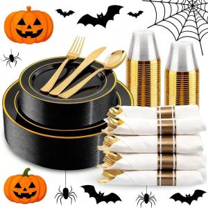 image175 Pieces Christmas Plastic Plates  Red Plastic Plates with Gold Rim Include 25 Dinner Plate 10 25 Dessert Plate 7 25 gold Cups 9 OZ 25 Pre Rolled Napkins for ChristmasPartyBlack and Gold