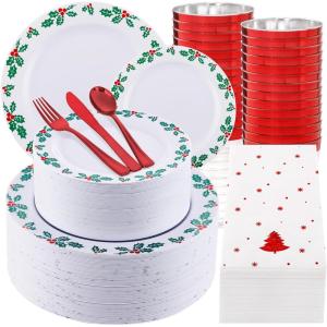 image175 Pieces Christmas Plastic Plates  Red Plastic Plates with Gold Rim Include 25 Dinner Plate 10 25 Dessert Plate 7 25 gold Cups 9 OZ 25 Pre Rolled Napkins for ChristmasPartyRed and Green