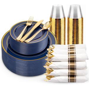 image175 Pieces Christmas Plastic Plates  Red Plastic Plates with Gold Rim Include 25 Dinner Plate 10 25 Dessert Plate 7 25 gold Cups 9 OZ 25 Pre Rolled Napkins for ChristmasPartyBlue and Gold