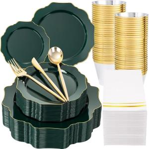 imageWDF 175Pcs Green Plastic Plates  Green Plates Disposable with Gold Rim  Christmas Plastic Plate  Fancy Disposable Dinnerware Sets 25 Guests Ideal for ChristmasPartyWeddingGreen