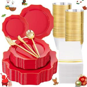 imageWDF 175Pcs Green Plastic Plates  Green Plates Disposable with Gold Rim  Christmas Plastic Plate  Fancy Disposable Dinnerware Sets 25 Guests Ideal for ChristmasPartyWeddingRed