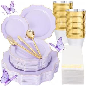 imageWDF 175Pcs Green Plastic Plates  Green Plates Disposable with Gold Rim  Christmas Plastic Plate  Fancy Disposable Dinnerware Sets 25 Guests Ideal for ChristmasPartyWeddingPurple and Gold