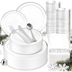 imageWDF 175Pcs Green Plastic Plates  Green Plates Disposable with Gold Rim  Christmas Plastic Plate  Fancy Disposable Dinnerware Sets 25 Guests Ideal for ChristmasPartyWeddingWhite and Silver