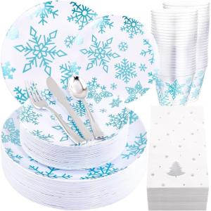 imageWDF 175Pcs Green Plastic Plates  Green Plates Disposable with Gold Rim  Christmas Plastic Plate  Fancy Disposable Dinnerware Sets 25 Guests Ideal for ChristmasPartyWeddingBlue Snowflakes