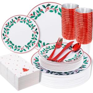 imageWDF 175Pcs Green Plastic Plates  Green Plates Disposable with Gold Rim  Christmas Plastic Plate  Fancy Disposable Dinnerware Sets 25 Guests Ideal for ChristmasPartyWeddingBerry Leaves
