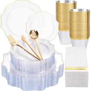 imageWDF 175Pcs Green Plastic Plates  Green Plates Disposable with Gold Rim  Christmas Plastic Plate  Fancy Disposable Dinnerware Sets 25 Guests Ideal for ChristmasPartyWeddingClear and Gold