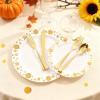 imageWDF 150pcs Christmas Plates  Christmas Red Plastic Plates with Christmas Tree Gold Plastic Silverware Clear Gold Cups Christmas Design Perfect for Christmas PartiesWhite and Gold