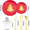 imageWDF 150pcs Christmas Plates  Christmas Red Plastic Plates with Christmas Tree Gold Plastic Silverware Clear Gold Cups Christmas Design Perfect for Christmas PartiesRed and Gold Tree