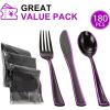 imageWDF 180 Pieces Plastic Christmas Silverware  Disposable Cutlery Set Incluede 60 Gold Forks 60 Red Knives and 60 Green Spoons  Heavy Duty Plastic Flatware  Disposable Utensils for ChristmasBlack and Purple  180PCS