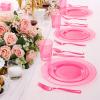 imageWDF 180 Pieces Plastic Christmas Silverware  Disposable Cutlery Set Incluede 60 Gold Forks 60 Red Knives and 60 Green Spoons  Heavy Duty Plastic Flatware  Disposable Utensils for ChristmasClear Pink  180PCS