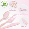 imageWDF 180 Pieces Plastic Christmas Silverware  Disposable Cutlery Set Incluede 60 Gold Forks 60 Red Knives and 60 Green Spoons  Heavy Duty Plastic Flatware  Disposable Utensils for ChristmasPink and Gold