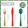 imageWDF 180 Pieces Plastic Christmas Silverware  Disposable Cutlery Set Incluede 60 Gold Forks 60 Red Knives and 60 Green Spoons  Heavy Duty Plastic Flatware  Disposable Utensils for ChristmasGold Red Green  180PCS