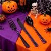 imageWDF 180 Pieces Plastic Christmas Silverware  Disposable Cutlery Set Incluede 60 Gold Forks 60 Red Knives and 60 Green Spoons  Heavy Duty Plastic Flatware  Disposable Utensils for ChristmasBlack and Purple  180PCS