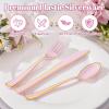 imageWDF 180 Pieces Plastic Christmas Silverware  Disposable Cutlery Set Incluede 60 Gold Forks 60 Red Knives and 60 Green Spoons  Heavy Duty Plastic Flatware  Disposable Utensils for ChristmasPink and Gold