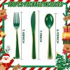 imageWDF 180 Pieces Plastic Christmas Silverware  Disposable Cutlery Set Incluede 60 Gold Forks 60 Red Knives and 60 Green Spoons  Heavy Duty Plastic Flatware  Disposable Utensils for ChristmasGreen and Gold