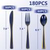 imageWDF 180 Pieces Plastic Christmas Silverware  Disposable Cutlery Set Incluede 60 Gold Forks 60 Red Knives and 60 Green Spoons  Heavy Duty Plastic Flatware  Disposable Utensils for ChristmasBlue and Gold