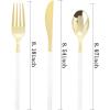 imageWDF 90Pieces Gold Plastic SilverwareGold Plastic Cutlery with White Handle Heavy Duty Thanksgiving Christmas Silverware Include 30Forks 30 Spoons 30 Knives for PartiesGold