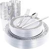 imageWDF 150pcs Christmas Plates  Christmas Red Plastic Plates with Christmas Tree Gold Plastic Silverware Clear Gold Cups Christmas Design Perfect for Christmas PartiesWhite and Silver