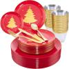imageWDF 150pcs Christmas Plates  Christmas Red Plastic Plates with Christmas Tree Gold Plastic Silverware Clear Gold Cups Christmas Design Perfect for Christmas PartiesRed and Gold Tree