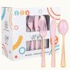 imageWDF 180 Pieces Plastic Christmas Silverware  Disposable Cutlery Set Incluede 60 Gold Forks 60 Red Knives and 60 Green Spoons  Heavy Duty Plastic Flatware  Disposable Utensils for ChristmasPink and Gold