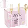 imageWDF 90Pieces Gold Plastic SilverwareGold Plastic Cutlery with White Handle Heavy Duty Thanksgiving Christmas Silverware Include 30Forks 30 Spoons 30 Knives for PartiesPink