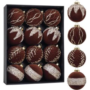 imageWDF 12PCS Velvet Brown Christmas Ornaments  Neutral Brown Ornaments 80mm 315inch Shatterproof Christmas Balls for Xmas Trees DecorationsBurgundy