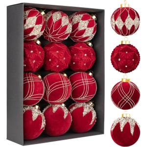imageWDF 12PCS Velvet Brown Christmas Ornaments  Neutral Brown Ornaments 80mm 315inch Shatterproof Christmas Balls for Xmas Trees DecorationsRed