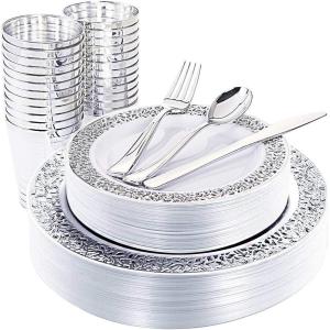 imageWDF 150pcs Christmas Plates  Christmas Red Plastic Plates with Christmas Tree Gold Plastic Silverware Clear Gold Cups Christmas Design Perfect for Christmas PartiesWhite and Silver
