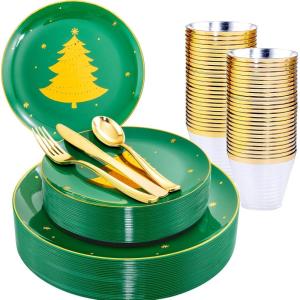 imageWDF 150pcs Christmas Plates  Christmas Red Plastic Plates with Christmas Tree Gold Plastic Silverware Clear Gold Cups Christmas Design Perfect for Christmas PartiesGreen and Gold Tree