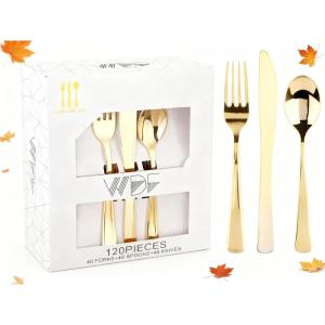 imageWDF 160 Piece Heavy Duty Silverware  Red Plastic Utensils with 80 Forks 40 Spoons 40 Knives  Perfect for Christmas Parties ampamp Daily UseModern Gold