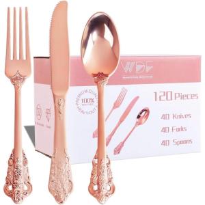 imageWDF 160 Piece Heavy Duty Silverware  Red Plastic Utensils with 80 Forks 40 Spoons 40 Knives  Perfect for Christmas Parties ampamp Daily UseRose Gold