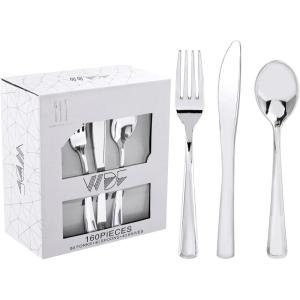 imageWDF 160 Piece Heavy Duty Silverware  Red Plastic Utensils with 80 Forks 40 Spoons 40 Knives  Perfect for Christmas Parties ampamp Daily UseSliver