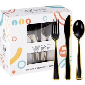 imageWDF 180 Pieces Plastic Christmas Silverware  Disposable Cutlery Set Incluede 60 Gold Forks 60 Red Knives and 60 Green Spoons  Heavy Duty Plastic Flatware  Disposable Utensils for ChristmasBlack and Gold