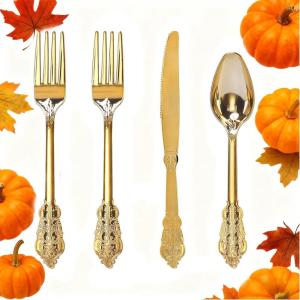 imageWDF 180 Pieces Plastic Christmas Silverware  Disposable Cutlery Set Incluede 60 Gold Forks 60 Red Knives and 60 Green Spoons  Heavy Duty Plastic Flatware  Disposable Utensils for ChristmasGold  200PCS