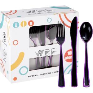 imageWDF 180 Pieces Plastic Christmas Silverware  Disposable Cutlery Set Incluede 60 Gold Forks 60 Red Knives and 60 Green Spoons  Heavy Duty Plastic Flatware  Disposable Utensils for ChristmasBlack and Purple  180PCS