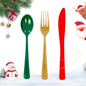 imageWDF 180 Pieces Plastic Christmas Silverware  Disposable Cutlery Set Incluede 60 Gold Forks 60 Red Knives and 60 Green Spoons  Heavy Duty Plastic Flatware  Disposable Utensils for ChristmasGold Red Green  180PCS