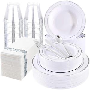imageWDF 400 pieces Christmas Silver Plastic Plates with Disposable Plastic SilverwareampampSilver CupsampampSilve Bowlsampamp Hand NapkinsChristmas Plates and Napkins sets for WeddingampampParties