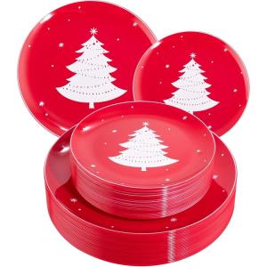 imageWDF 50 Pieces Plastic Christmas Plates  Red and White Plastic Plates with Christmas Tree include 25 Dinner Plates 25 Salad Plates  Red White Party Plastic Plates for Christmas WinterRed White  Christmas Tree