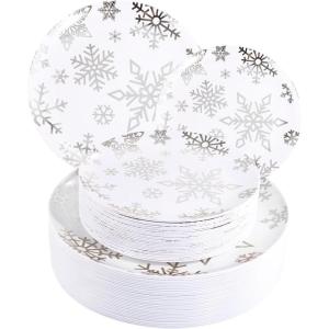 imageWDF 50 Pieces Plastic Christmas Plates  Red and White Plastic Plates with Christmas Tree include 25 Dinner Plates 25 Salad Plates  Red White Party Plastic Plates for Christmas WinterSilver  Christmas snowflakes