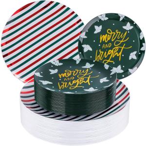 imageWDF 50 Pieces Plastic Christmas Plates  Red and White Plastic Plates with Christmas Tree include 25 Dinner Plates 25 Salad Plates  Red White Party Plastic Plates for Christmas WinterGreen Red  Stripe