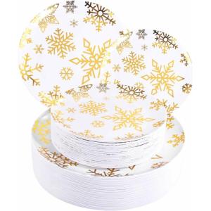 imageWDF 50 Pieces Plastic Christmas Plates  Red and White Plastic Plates with Christmas Tree include 25 Dinner Plates 25 Salad Plates  Red White Party Plastic Plates for Christmas WinterGold  Christmas snowflakes