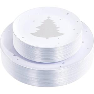 imageWDF 50 Pieces Plastic Christmas Plates  Red and White Plastic Plates with Christmas Tree include 25 Dinner Plates 25 Salad Plates  Red White Party Plastic Plates for Christmas WinterSilver  Christmas Tree