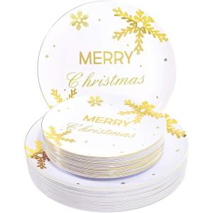 imageWDF 50 Pieces Plastic Christmas Plates  Red and White Plastic Plates with Christmas Tree include 25 Dinner Plates 25 Salad Plates  Red White Party Plastic Plates for Christmas WinterGold  Merry Christmas