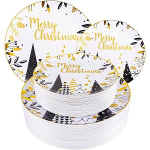 imageWDF 50 Pieces Plastic Christmas Plates  Red and White Plastic Plates with Christmas Tree include 25 Dinner Plates 25 Salad Plates  Red White Party Plastic Plates for Christmas WinterBlack Gold  Christmas Tree