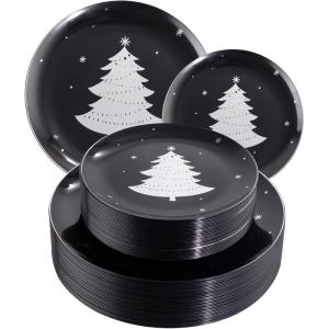 imageWDF 50 Pieces Plastic Christmas Plates  Red and White Plastic Plates with Christmas Tree include 25 Dinner Plates 25 Salad Plates  Red White Party Plastic Plates for Christmas WinterBlack Silver  Christmas Tree