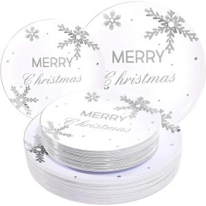 imageWDF 50 Pieces Plastic Christmas Plates  Red and White Plastic Plates with Christmas Tree include 25 Dinner Plates 25 Salad Plates  Red White Party Plastic Plates for Christmas WinterSilver  Merry Christmas
