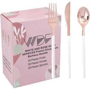 imageWDF 90Pieces Gold Plastic SilverwareGold Plastic Cutlery with White Handle Heavy Duty Thanksgiving Christmas Silverware Include 30Forks 30 Spoons 30 Knives for PartiesRose Gold