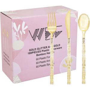 imageWDF 90Pieces Gold Plastic SilverwareGold Plastic Cutlery with White Handle Heavy Duty Thanksgiving Christmas Silverware Include 30Forks 30 Spoons 30 Knives for PartiesGold Glitter