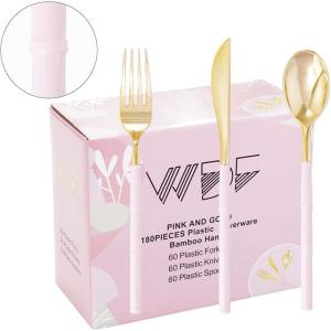 imageWDF 90Pieces Gold Plastic SilverwareGold Plastic Cutlery with White Handle Heavy Duty Thanksgiving Christmas Silverware Include 30Forks 30 Spoons 30 Knives for PartiesPink